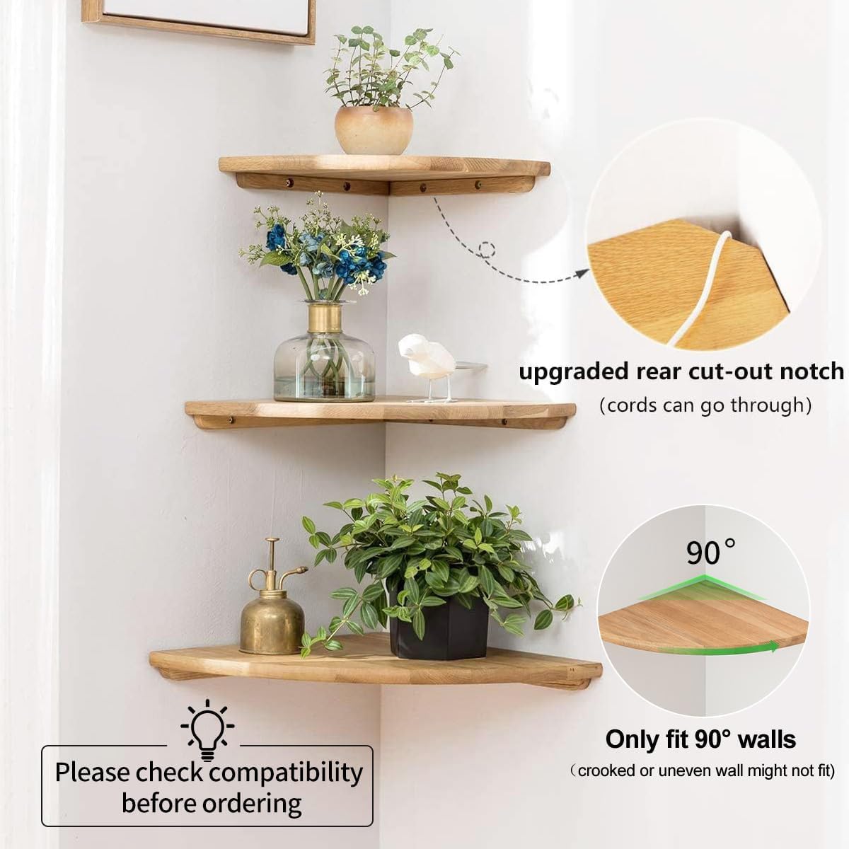 Conamily Corner Shelf, Solid Oak Wood Floating Corner Shelf Wall Mount Round End Floating Speaker with Wire Hole for Small Plant Photo for Bedroom Kitchen, Living Room