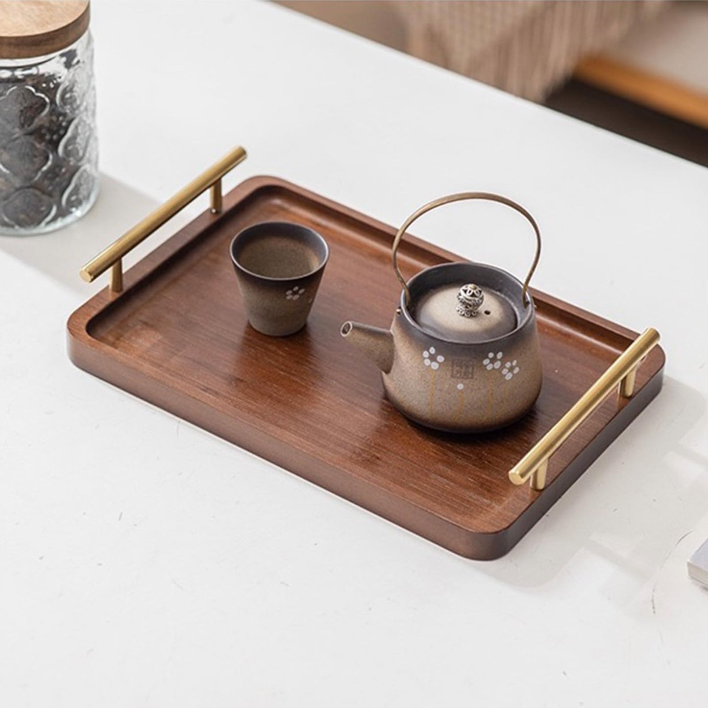 XZHXFX Bamboo Serving Tray with Gold Handles, Food Tray for Breakfast,Coffee Table,Dinner & Bar, Decorative Tray for Kitchen, Bedroom (Small)