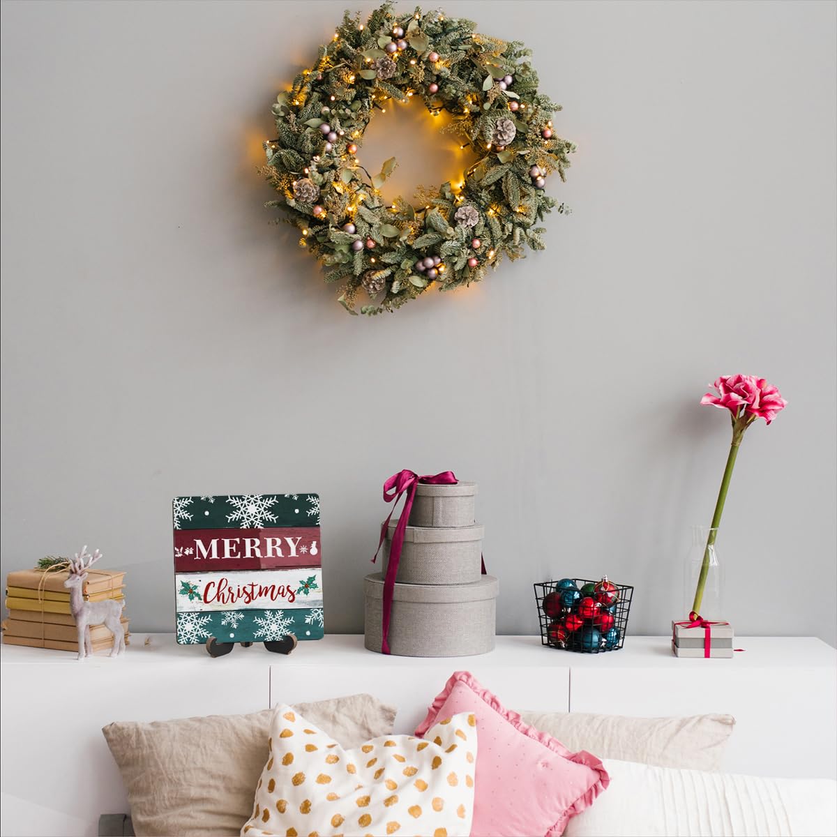 Christmas Wood Plaque With Stand, Merry Christmas Desk Sign Decor for Farmhouse Home Office Table Shelf, Rustic Xmas Wood Sign Gifts for Women Men -07
