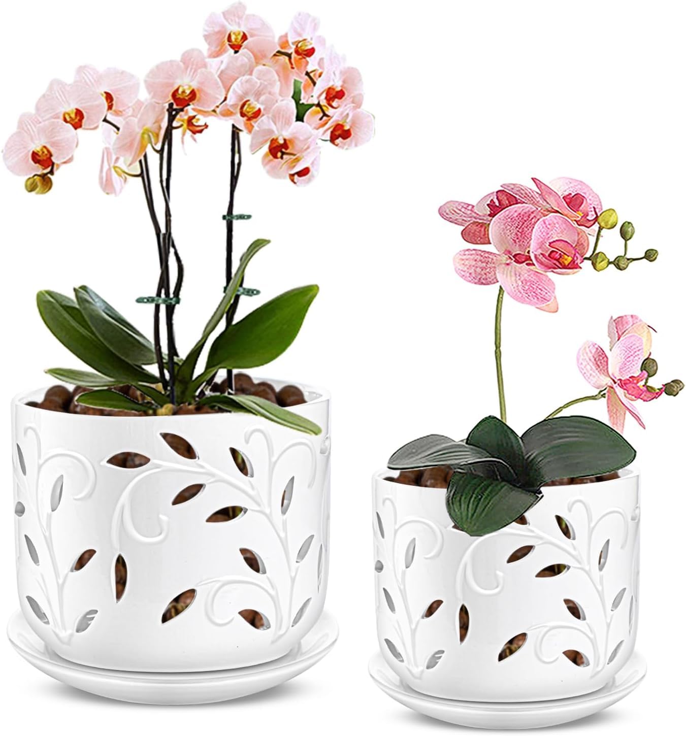 EFISPSS Ceramic Orchid Pots 5+6 Inch White with Drainage Holes & Tray, Breathable Airflow, Indoor & Outdoor
