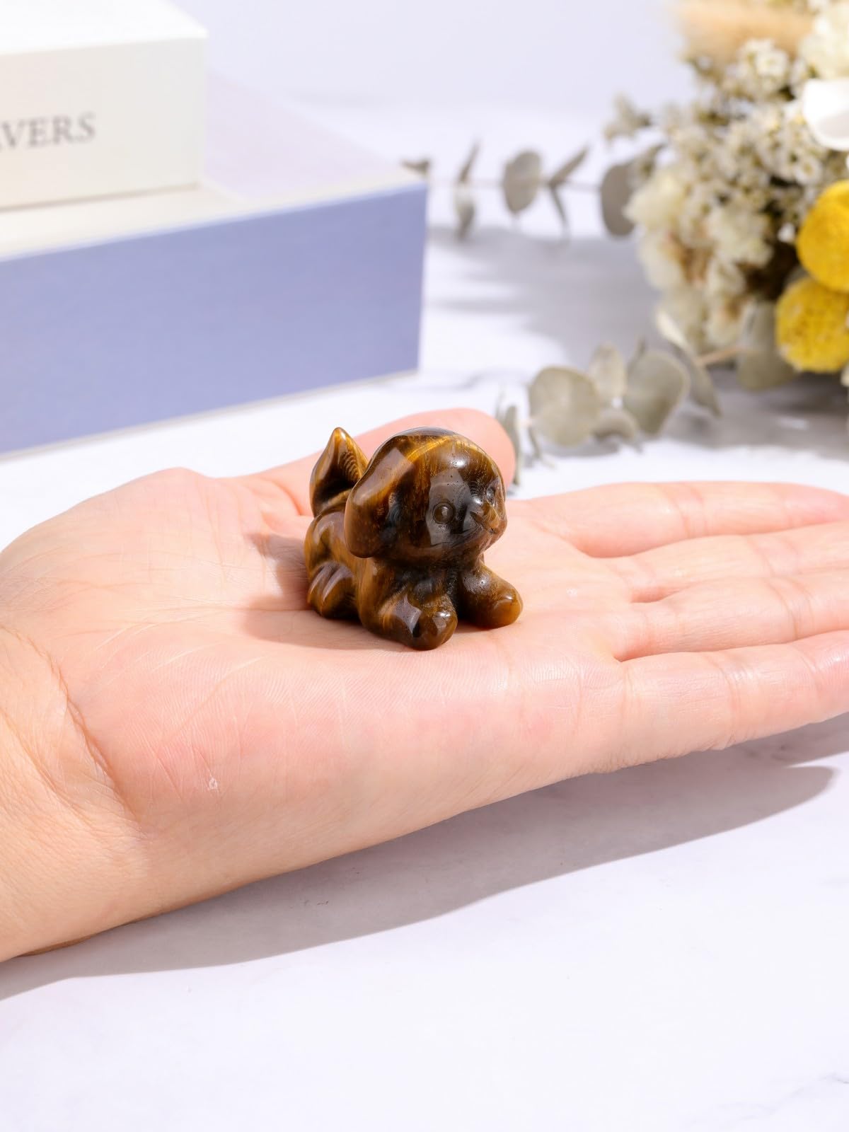 CrystalTears Tiger Eye Crystal Dog Figurine, 1.5” Healing Gemstone Dogs Puppy Statue Ornament for Home Office Decor, Cute Lucky Crystals Dogs Gifts for Gifts for Women Dog Lovers Men Christmas