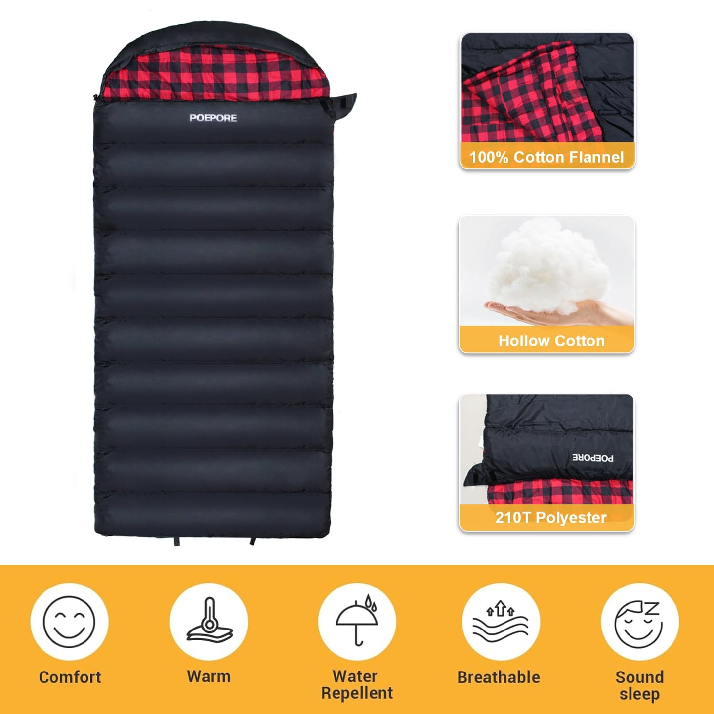 POEPORE 0 Degree Sleeping Bag 100% Cotton Flannel XXL Cold Weather Winter Oversized Sleeping Bag for Adults Camping Zero Degree Big and Tall with Compression Sack
