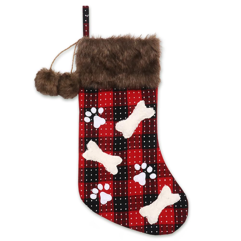 Christmas Stockings Set, 18'' Black Red Buffalo Plaid Christmas Stockings Hanging Ornaments Soft Faux Fur Pet Paw Christmas Stockings Plush Fireplace Hanging Stockings for Christmas Holiday Xmas Gift