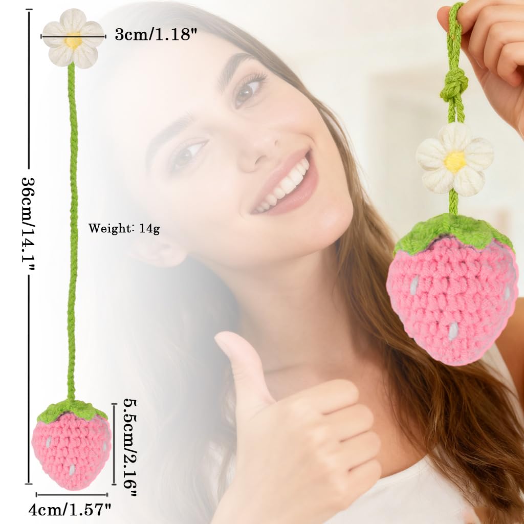 Ytanhr Crochet Strawberry and Flower Car Hanging Ornaments, Aesthetic Rearview Mirror Hanging Accessories, Handmade Car Decor 2-Pack, Pink
