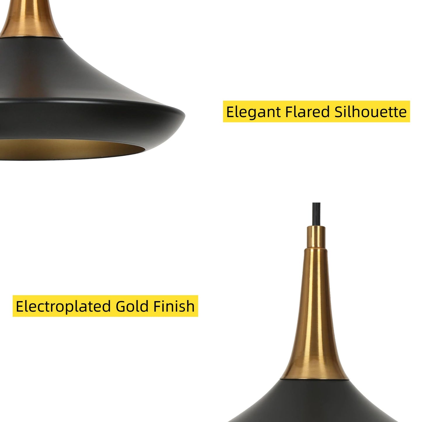 LALUZ Modern Black Gold Pendant Light, Adjustable Hanging Light Fixture with Electroplated Finish for Kitchen Island, Dining Room, Bedroom