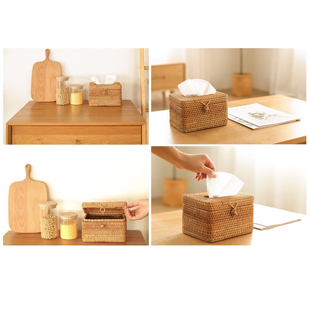 5 Inch Tall Rattan Tissue Box Cover Rectangular with Hinged Top Lid and Bead, Boho Woven Facial Napkin Holder, Decorative Napkin Dispenser Holder Organizer for Dresser Bathroom Décor, Brown
