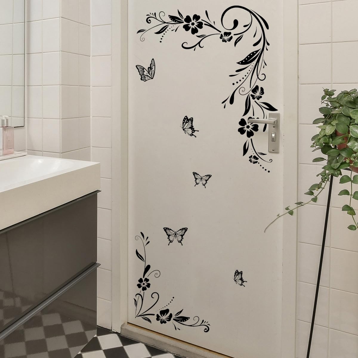 Runtoo Flower Vines Wall Stickers Black Floral Anti-Collision Window Cling Decals Butterfly Glass Door Wall Decor for Bathroom Living Room Bedroom Nursery Office Decoration