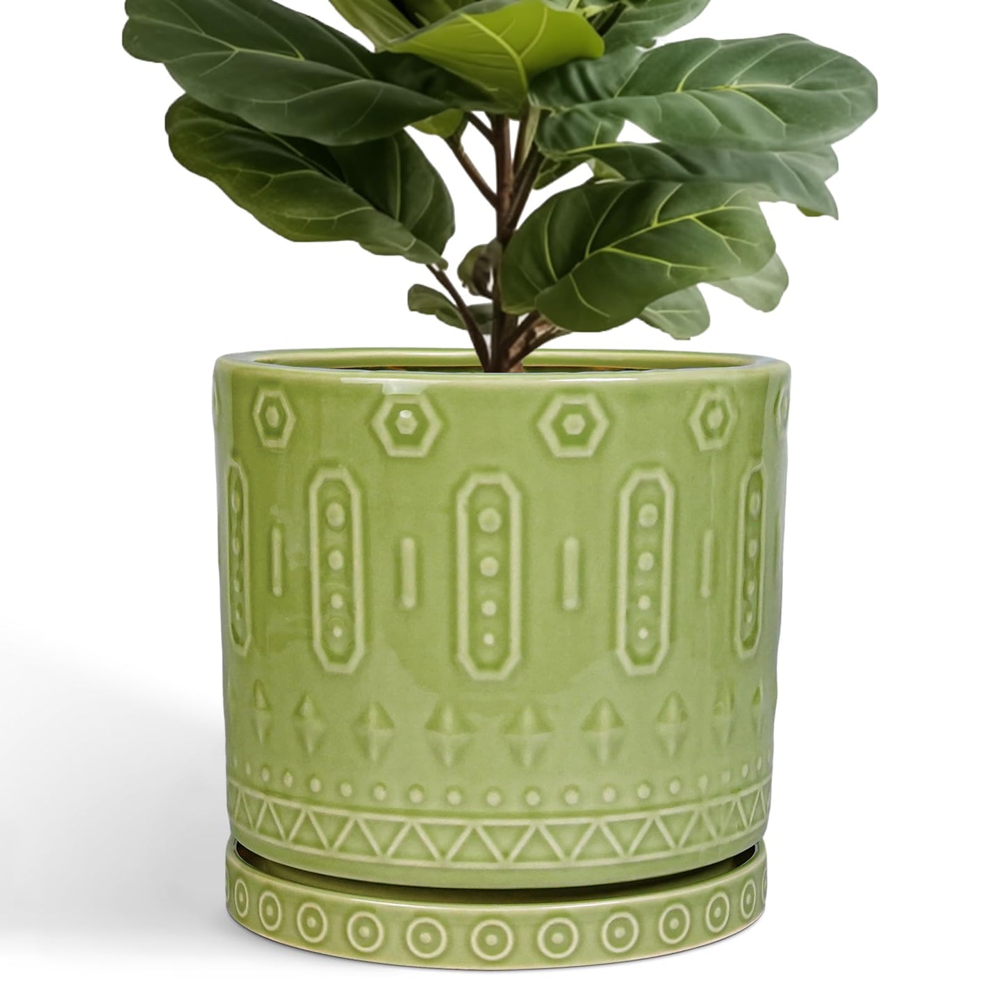 Eightpot Ceramic Planter - 12 Inch Pots for Plants Indoor Outdoor, Round Large Flower Pots with Drainage Hole and Saucer, Decorative Boho Planter, Home Office Decor, Plant Lover Gifts, Green