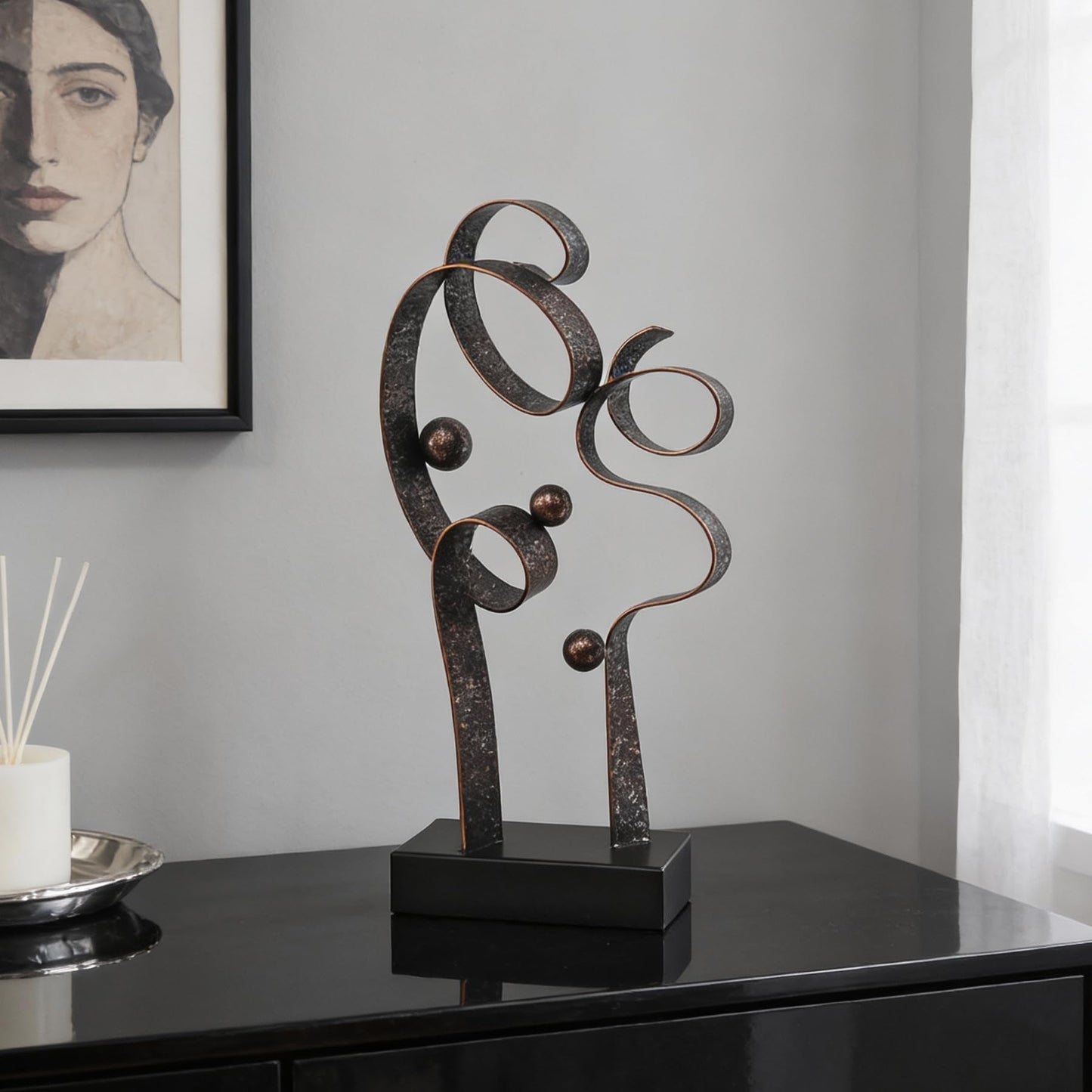 LNXMES Abstract Metal Sculpture Home Decor – Modern Minimalist Line Art Statue Decorations for Table, Shelf, Living Room, Office & Entryway (Curved Sphere Metal Sculpture)