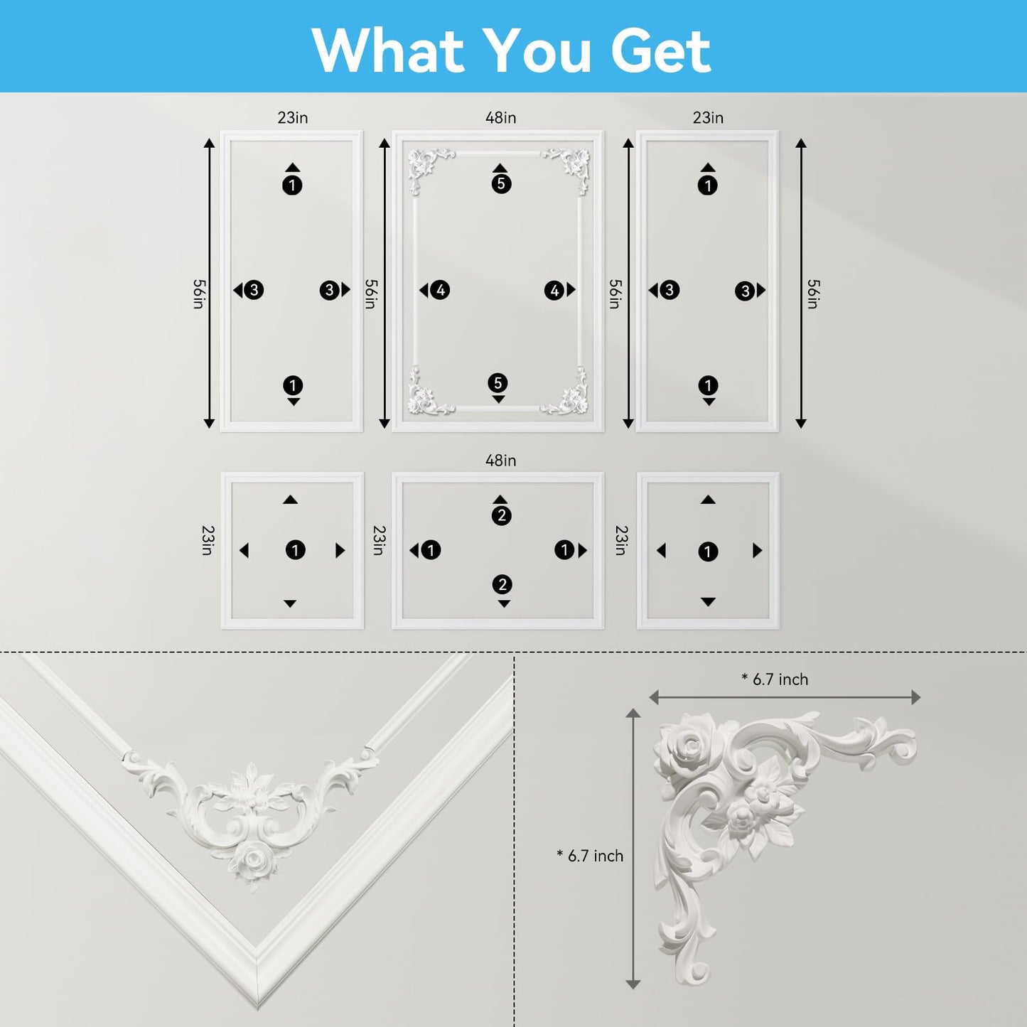 OUZUGIE 3 Set Wall Molding Kit with Flower Corner Pre-Cut Wainscoting Panels for Interior Wall Decor - Installed with Glue(Not Including) 3 Top 3 Bottom