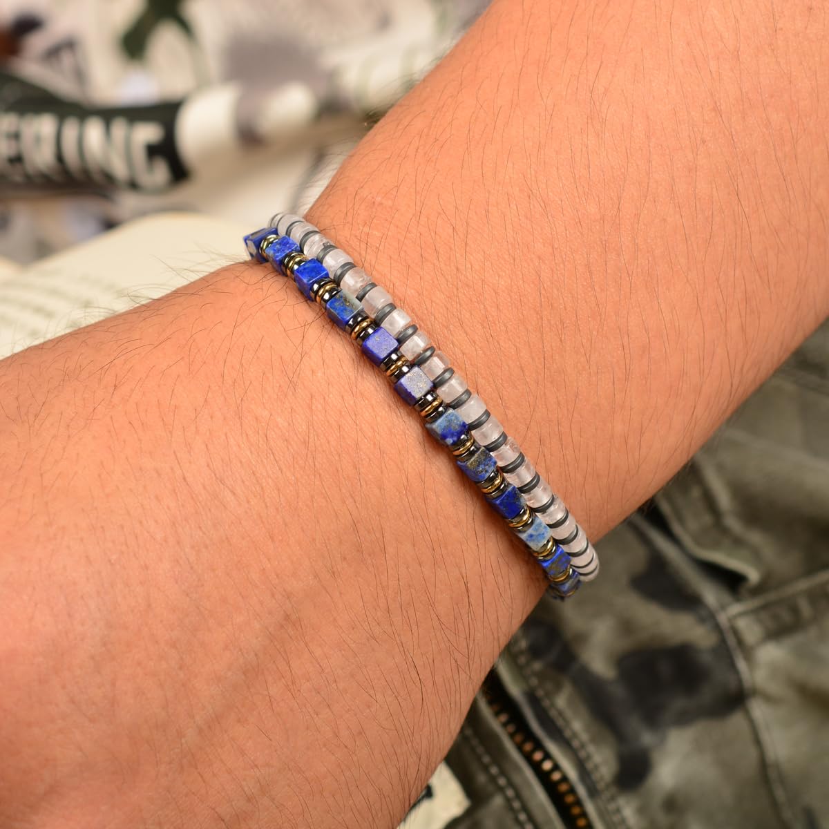 Casvia Lumina Path Men's Beaded Bracelet, White Quartz & Hematite, Adjustable Stainless Steel Dual Clasps, Thickened Wear-resistant Handmade Minimalist Jewelry, Daily Wear Gift for Men & Friends