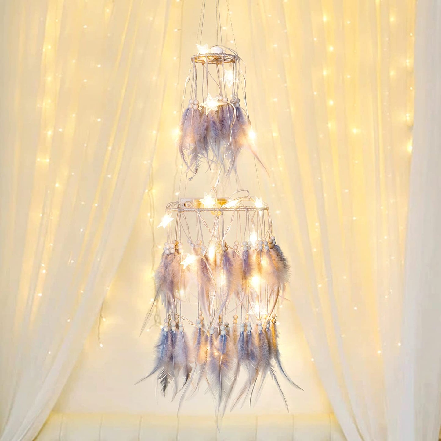 Dremisland Double Circle White Feather Dream Catcher with Mobile LED Fairy Lights Wall Hanging Ornaments Ceiling Decor for Bedroom Decor Wedding Decorations Boho Chic Party Nursery Decor (Grey)