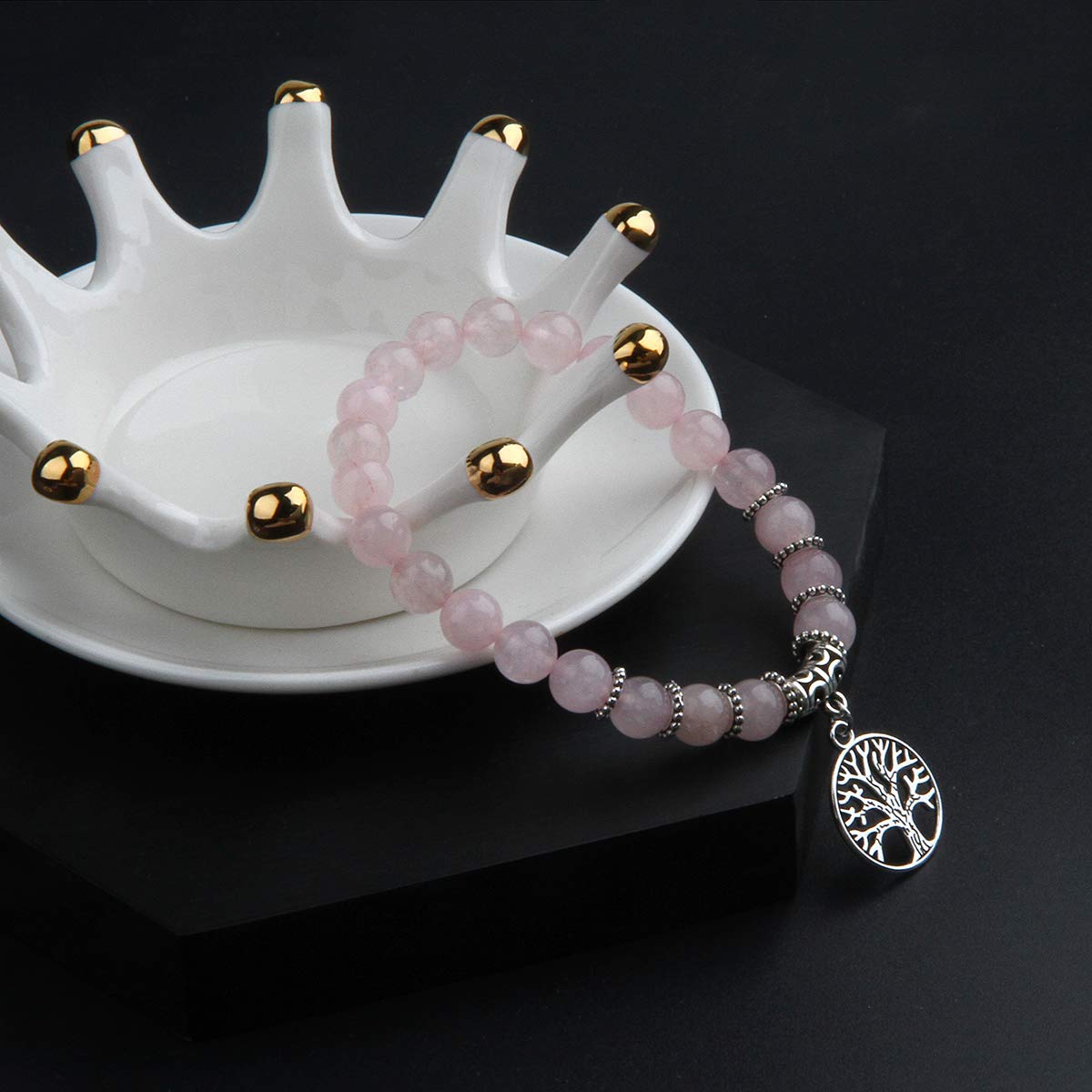 Jardme Rose Quartz Healing Pink Crystal Bracelets for Women, 8mm Beaded Natural Stone Stretch Chakra Bracelets Tree of Life Bracelet Jewelry Gifts for Women