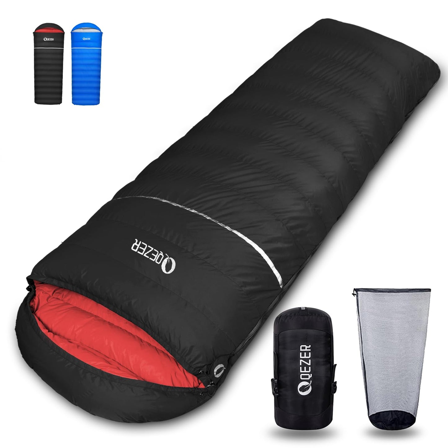 QEZER Down Sleeping Bag for Adults 600 Fill Power Down Sleeping Bag Cold Weather Ultralight Sleeping Bag with Compression Sack for Backpacking, Camping, Hiking (500g Down Filling-Black-Right Zip)