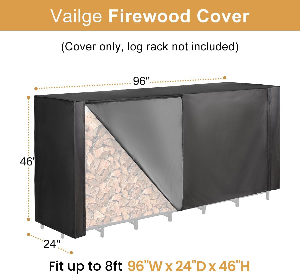 Vailge Firewood Rack Cover 8FT, Waterproof Firewood Rack Outdoor Cover with Full Front Zipper & Windproof Straps, Heavy Duty 600D Oxford Log Protector for All Seasons