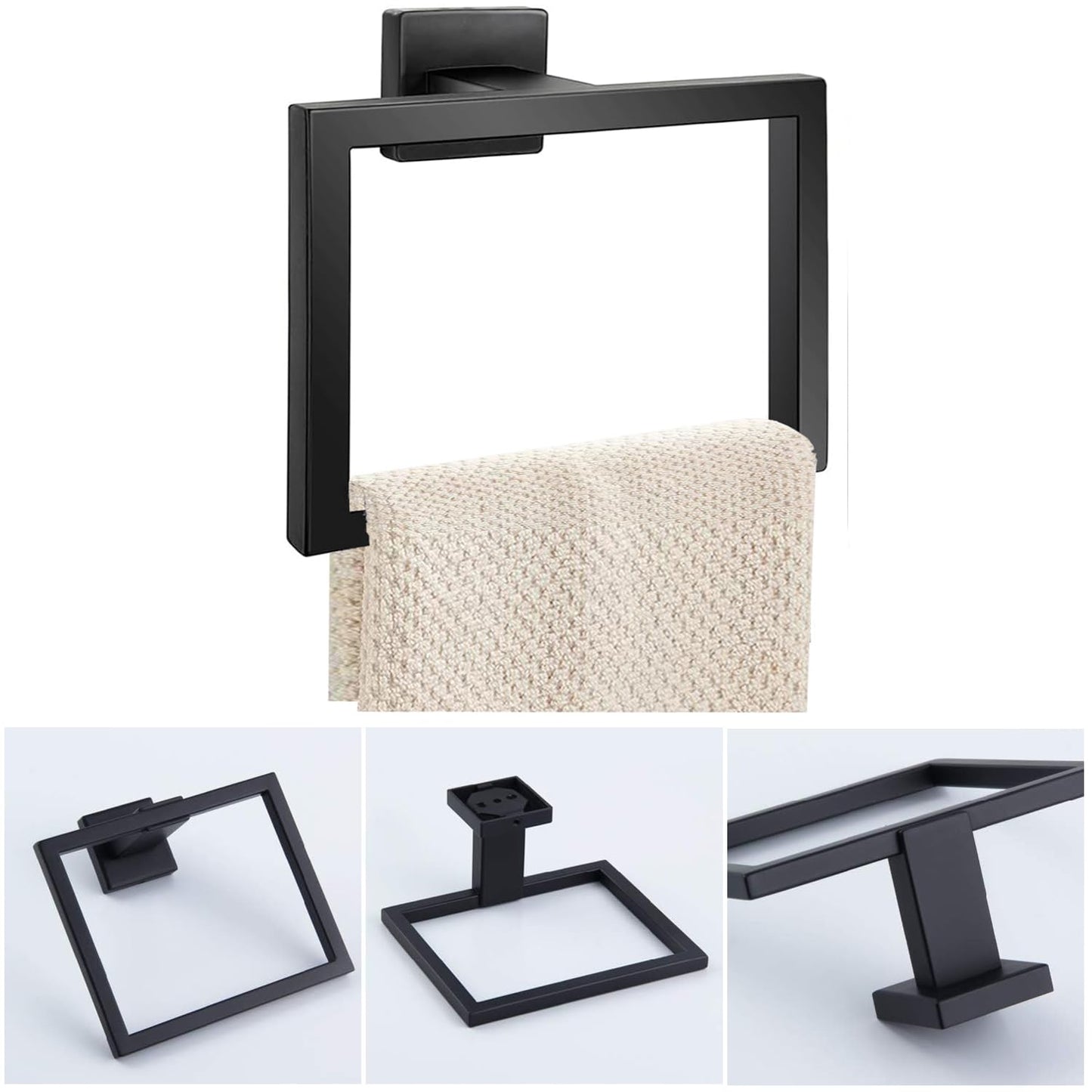 JOPOFI Towel Ring - Thicken SUS 304 Stainless Steel Towel Holder, Towel Racks for Bathroom, Square Modern Design Hand Towel Holder, Contemporary Hand Towel Bar - Matte Black