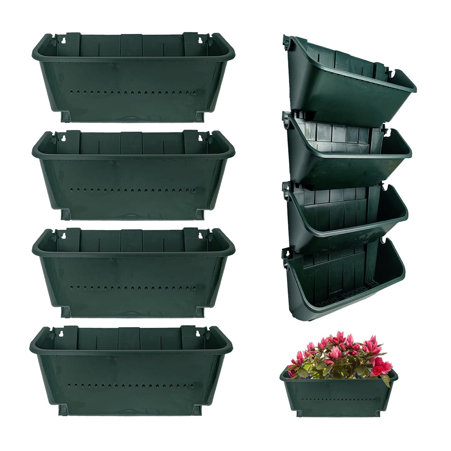 Self-Watering Wall Mounted Planter Set, Indoor and Outdoor Vertical Planter, Stackable Wall Mounted, for Balcony Decoration(Blackish Green 4 Pack)