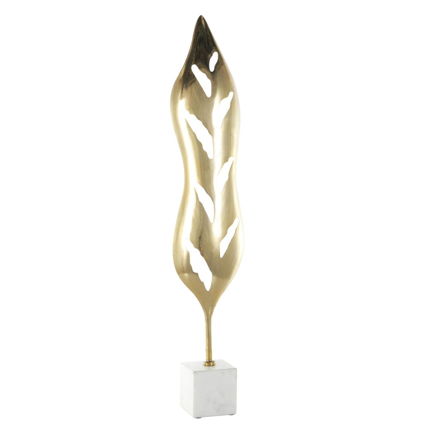 Deco 79 Aluminum Metal Leaf Decorative Sculpture Tall Textured Cutout Home Decor Statue with White Marble Base, Accent Figurine 7" x 4" x 35", Gold