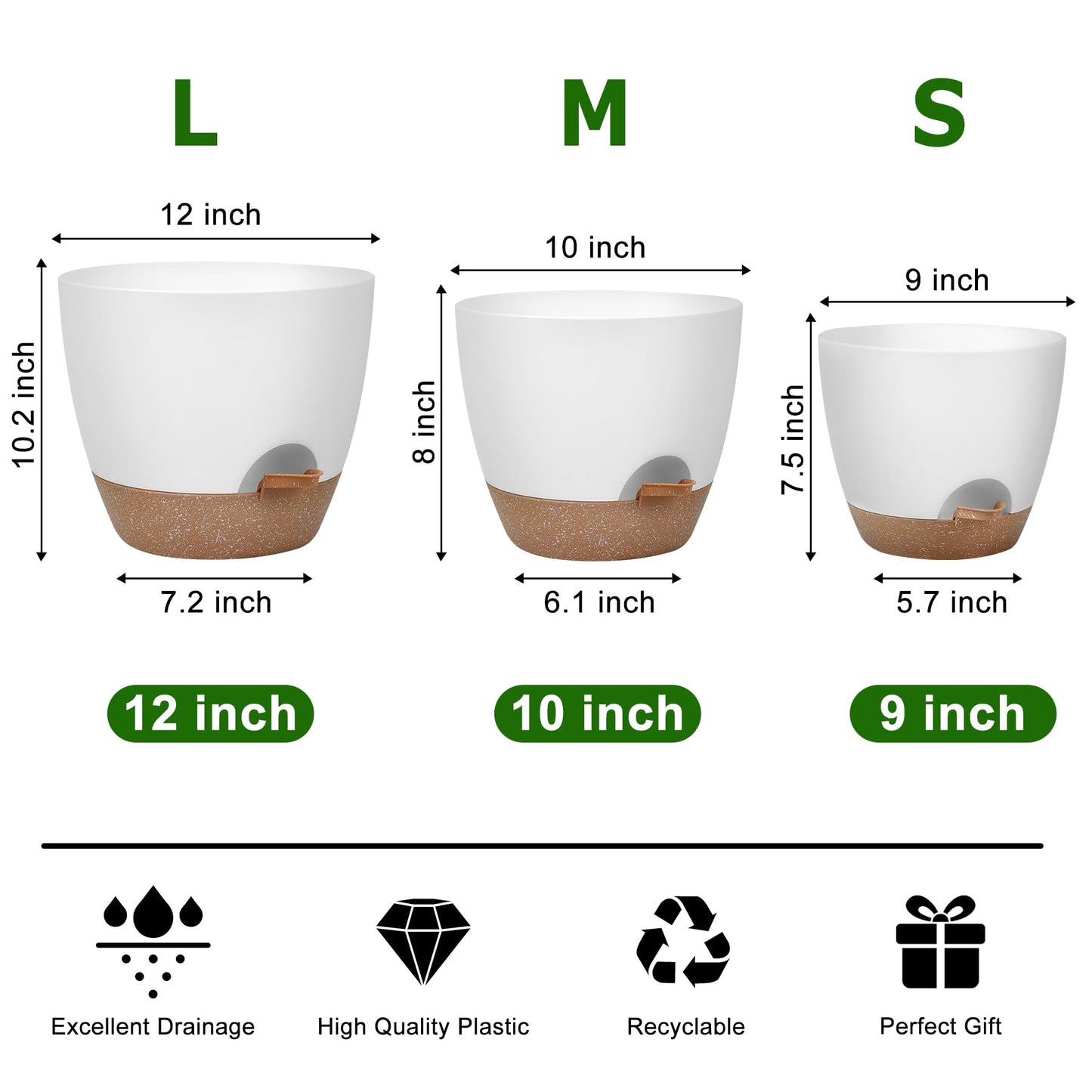 Plant Pots 12/10/9 Inch Self Watering Pots, Set of 3 Plastic Planters with Drainage Holes and Saucers,Plastic Flower Pots,Nursery Planting Pot for Indoor Out Door Plants(White)