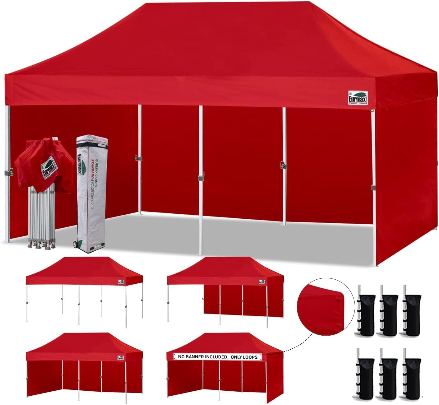 Eurmax USA 10x20 Pop Up Canopy Tent,Commercial Tent with Patented No-Tip Rolling Bag,4 Zippered Removable Walls,UV & Water Resistant Canopy Top,Heavy Duty Outdoor Gazebo,Instant Shelter(Red)