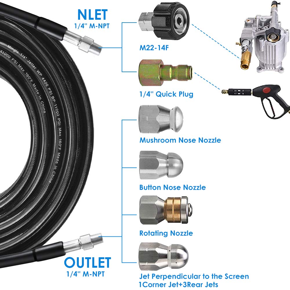 ZOFINE Sewer Jetter Kit for Pressure Washer 100FT, 5800PSI Drain Cleaner Hose 1/4 Inch NPT Corner, Rotating and Button Hose Sewer Jetting Nozzle Pearl Corsage Pin Waterproof Tape with 2 Spanner