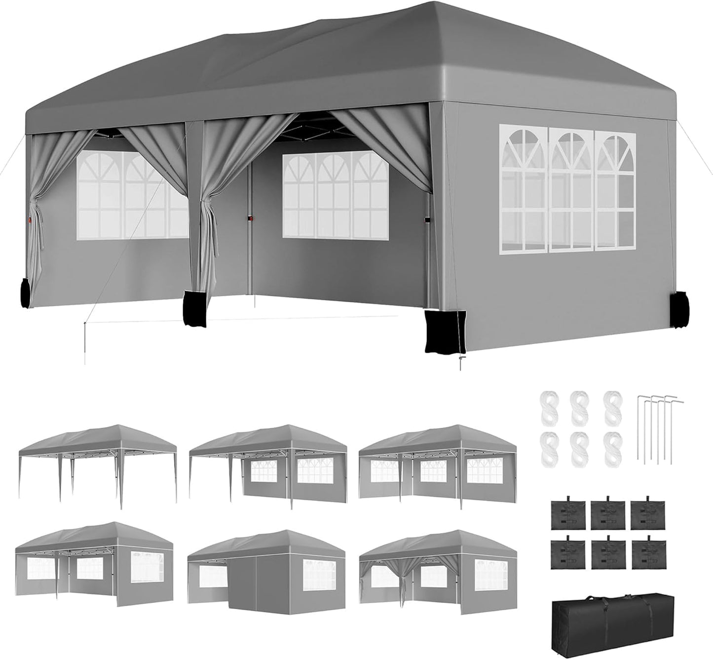 10x20FT Pop Up Wedding Party Tent with 6 Sidewalls, Heavy Duty Commercial Outdoor Canopy Gazebo, All Season Wind & Waterproof with Storage Bag, Gray