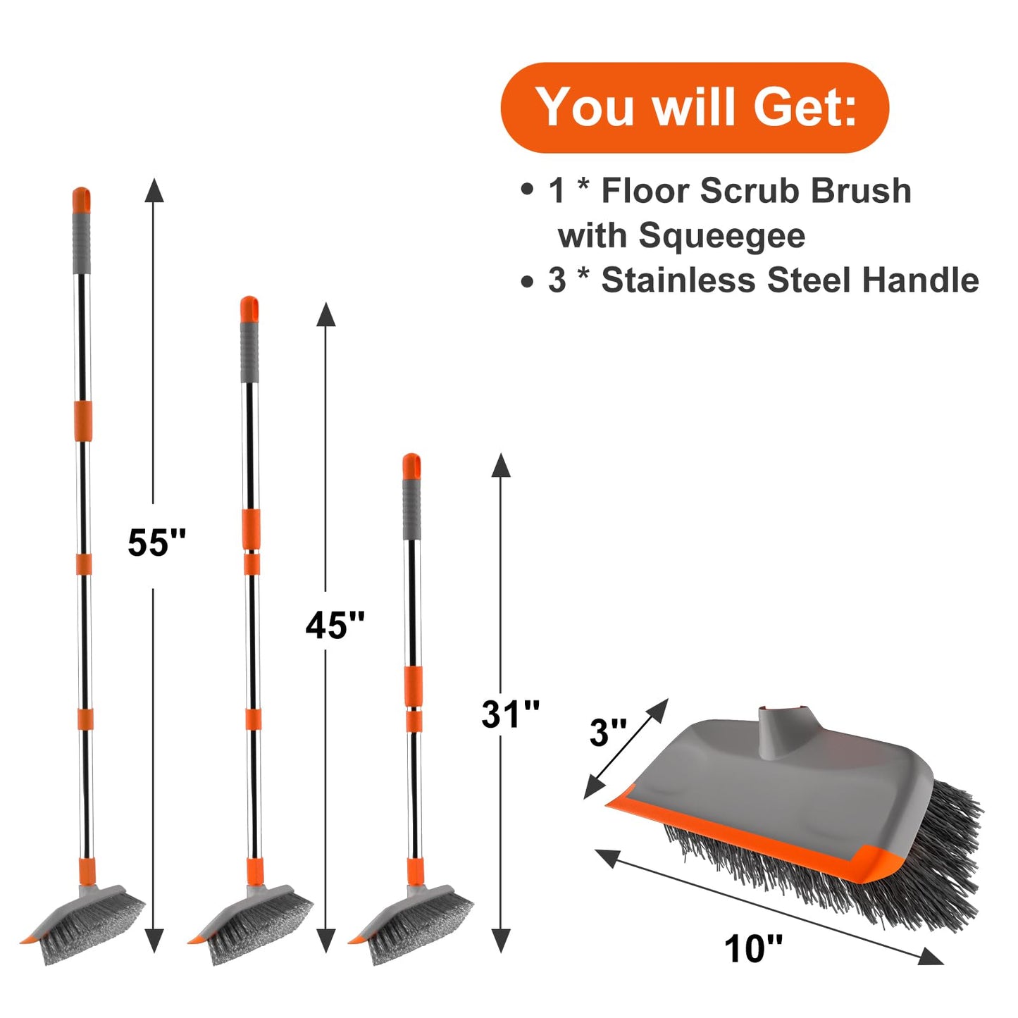BITOPE Deck Scrub Brush with Long Handle, Heavy Duty Floor Cleaning Scrubber with Stiff Bristles Garage Concrete Cleaner Tool for Cleaning Tile Patio Outdoor Porch Indoor Kitchen Shower Bathroom