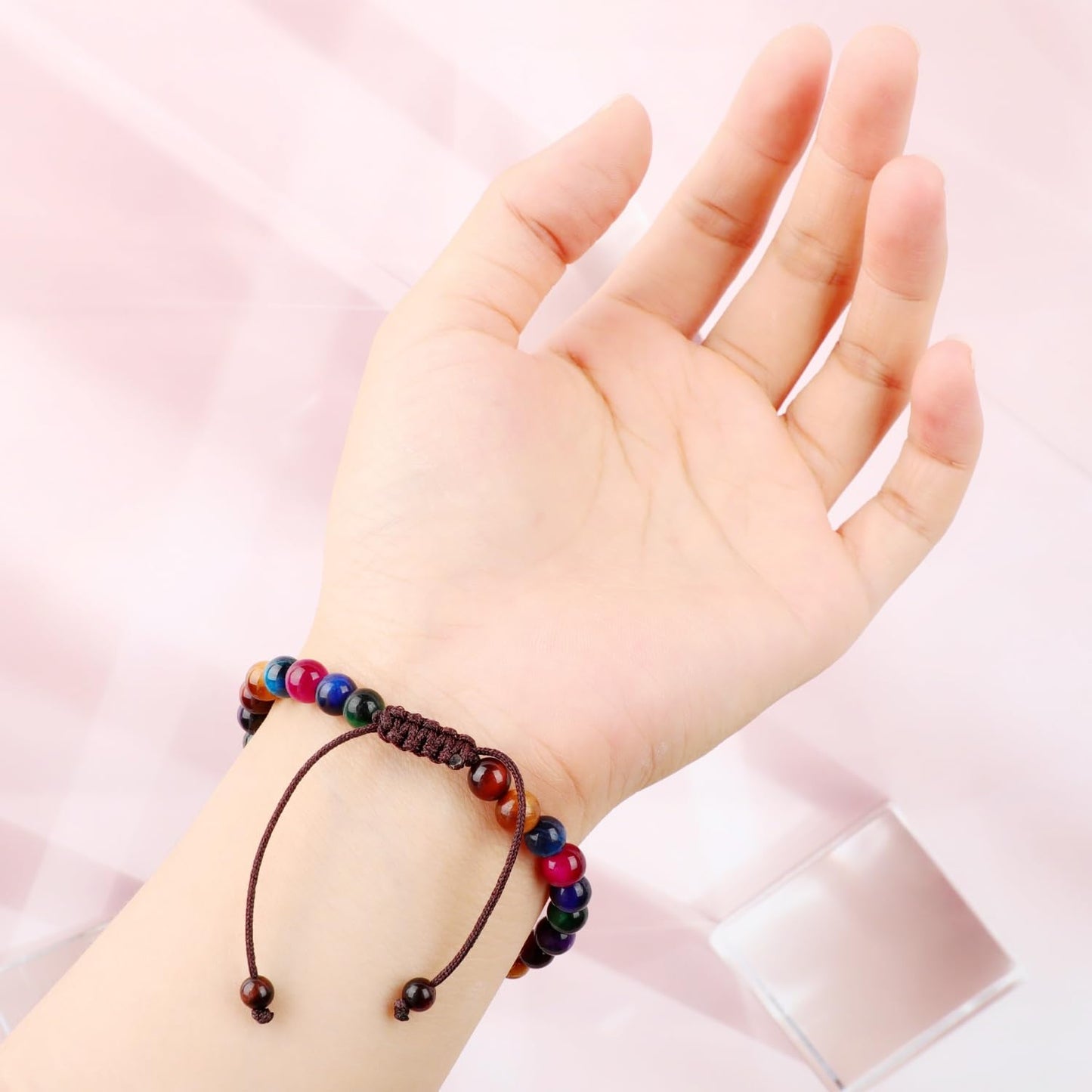 AD Beads 8mm 7 Colorful Tiger Eyes - Emotional balance - Handmade Natural Stone Crystal Bracelet with Adjustable Macrame String - Yoga Healing Power Energy Gifts for Men and Women