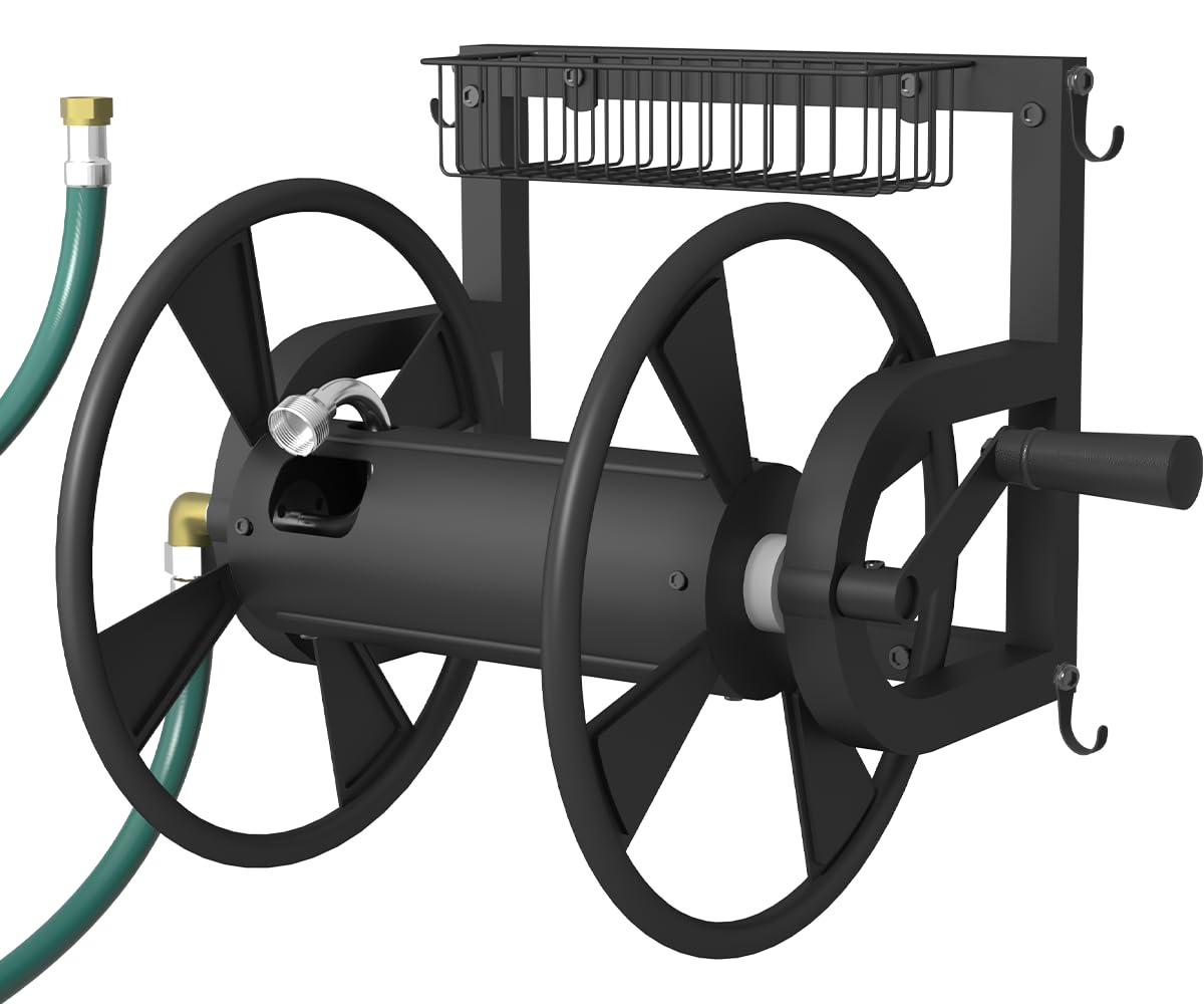 Artigarden Outdoor Wall Mounted Hose Reel with Hook, Garden Heavy-Duty Water Holder Winder with 3.9 ft Leader Hoses, Brass Fitting and Storage Basket for Yard, Holds 125 Ft of 5/8-Inch Hose, Black