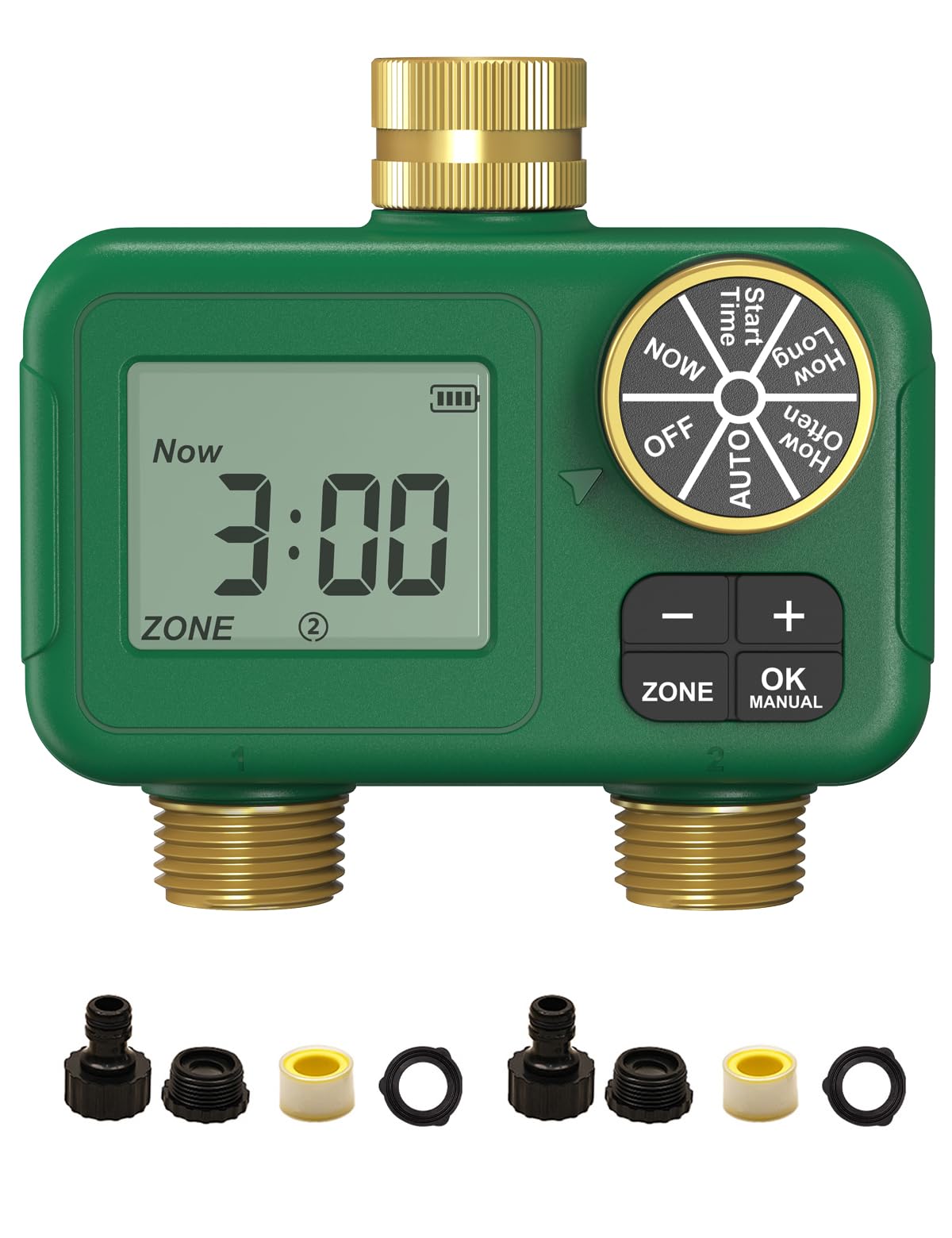 MOES 2 Zone Water Timer for Garden Hose, Heavy Duty Solid Brass Inlet & Outlets, Programmable Sprinkler Timer Battery Operated, Automatic Dual Faucet Valve with Sequential Watering (Non-WiFi)