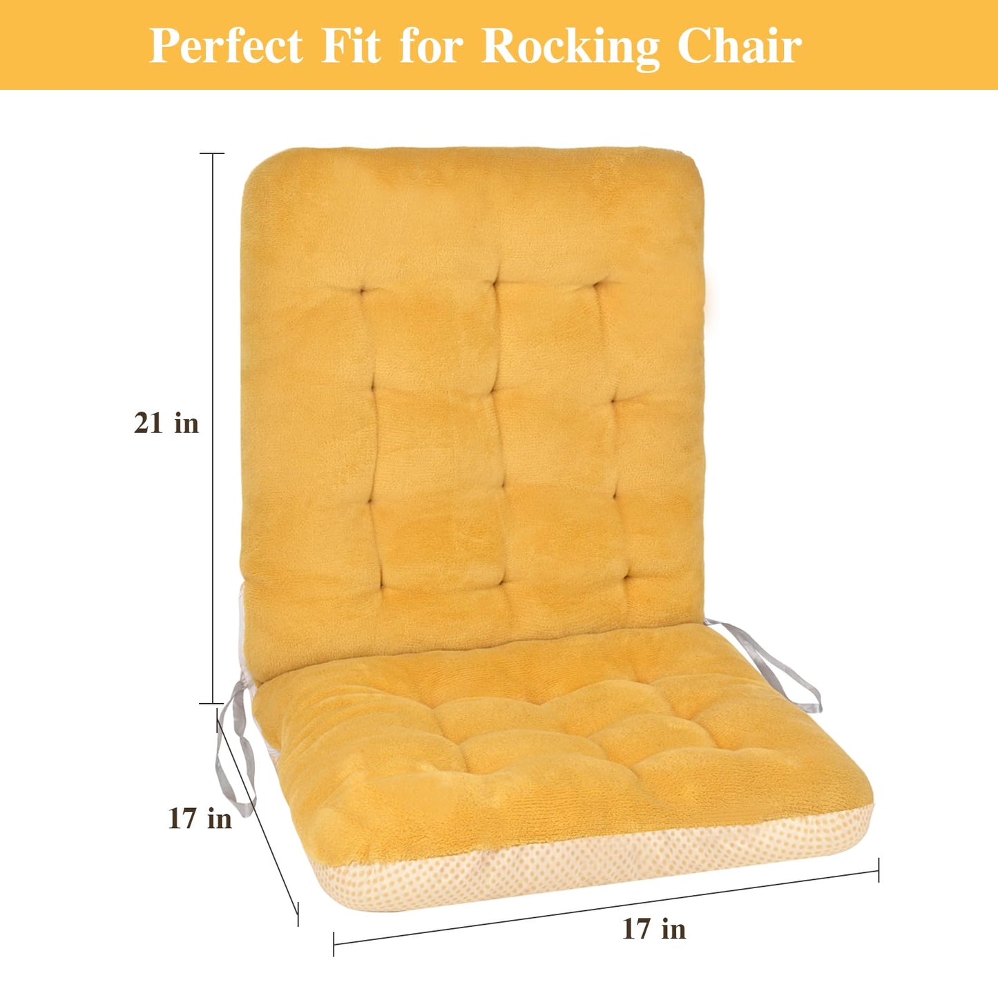 Non-Slip Rocking Chair Cushion, Premium Tufted Rocker Seat Back Pad with Ties, Sturdy &Comfort Thick Padding Pillow Chair Mat Cushions for Outdoor/Indoor Office Home Dining Room Kitchen Patio-Yellow