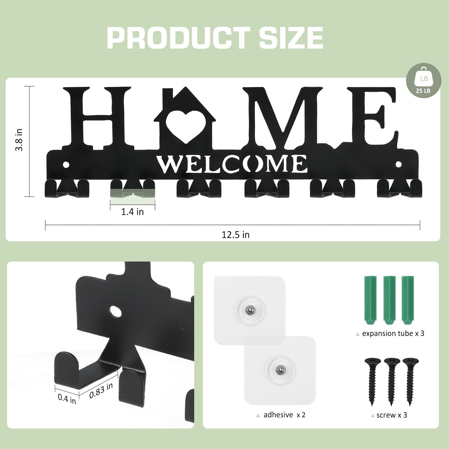 HOMEBROS Key Holder Wall Mount, Adhesive Metal Key Hanger with 6 Double Hooks, 2 Installation Methods, Black
