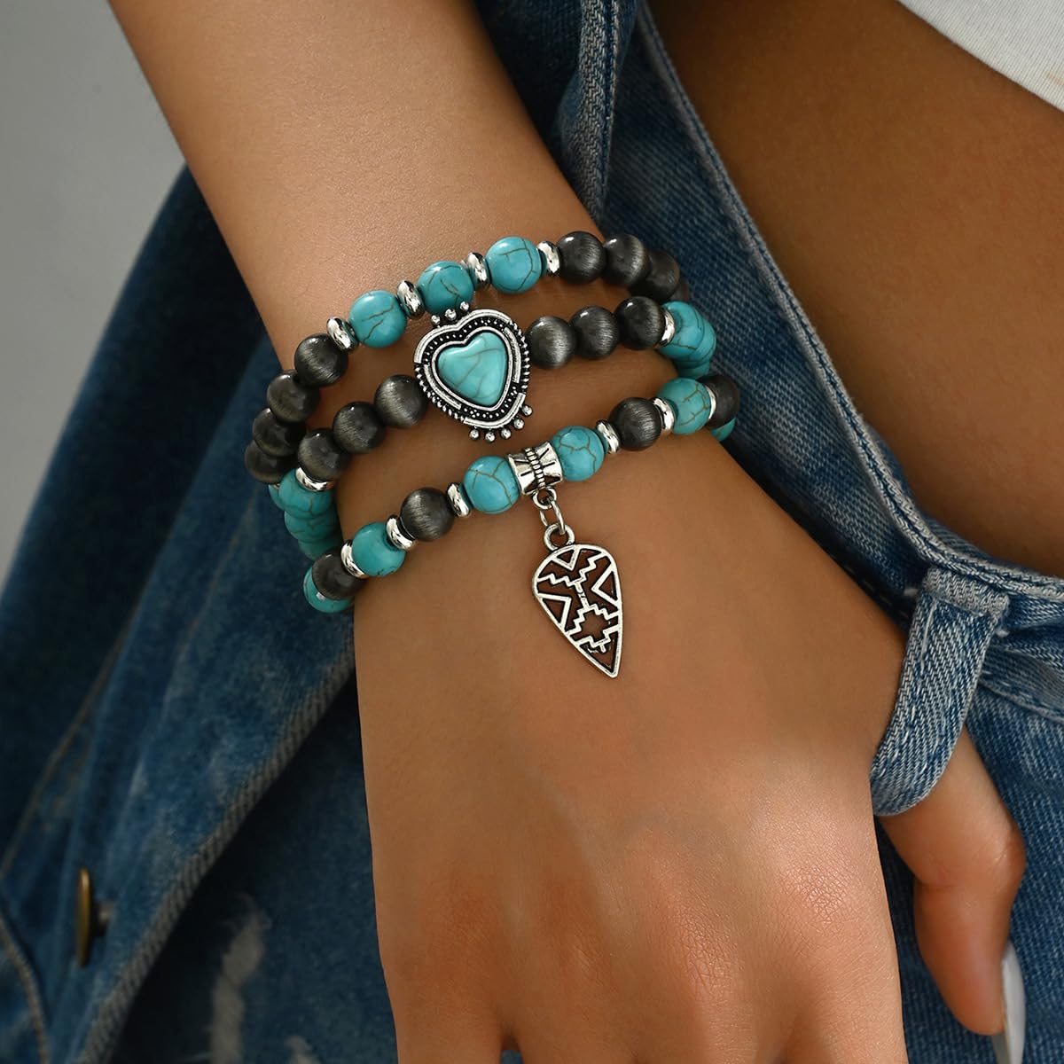 Meztole Turquoise Western Cowgirl Bracelets for Women Handmade Stackable Turquoise Beaded Stretch Bracelet Vintage Rodeo Western Jewelry Set Country Cowboy Outfit Accessories (3)