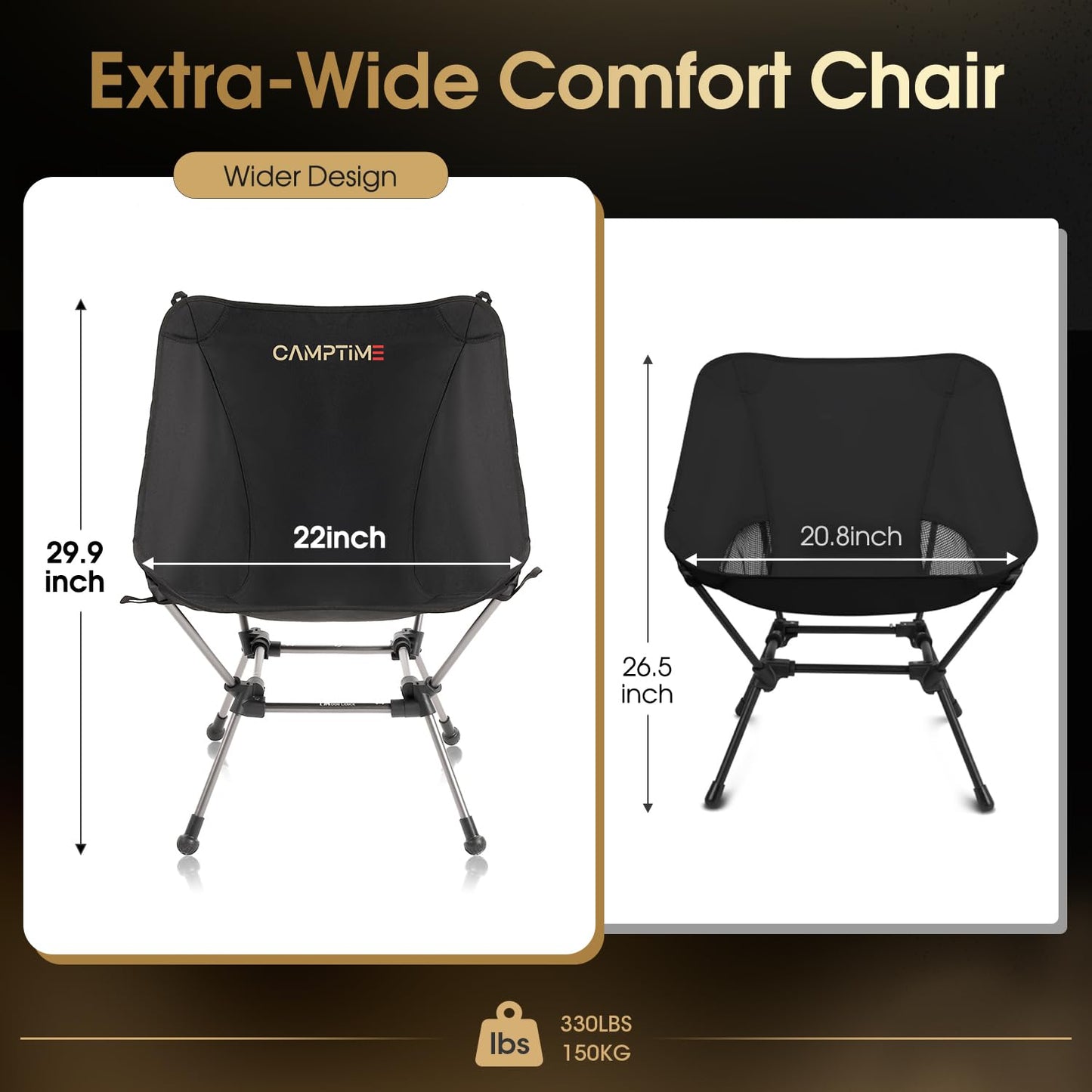 Camptime Portable Camping Chair Plus, Larger & Roomier, Compact and Lightweight, Folding Chair for Backpacking & Hiking, 330Lbs Capacity, Black