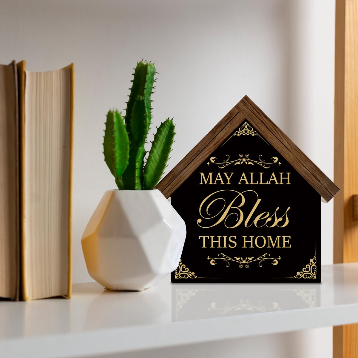 Islamic Ramadan Wood Sign Home Decor Muslim Eid May Allah Bless This Home House Shaped Wooden Block Sign Desk Shelf Table Decor