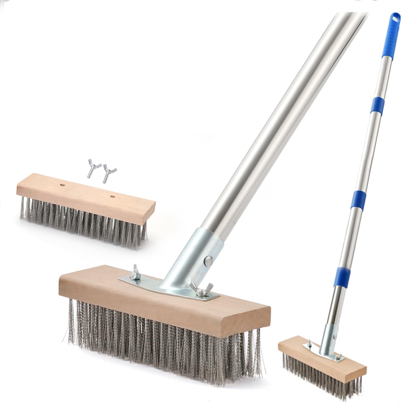 Stainless Steel Wire Scrub Brush with 63" Long Handle, 2PCS 8" Brush Heads, Heavy Duty Large Wire Brush, Stiff Metal Bristle Floor Scrubber, Patio Floor Cleaning, Wire Broom for Concrete, Deck, Moss