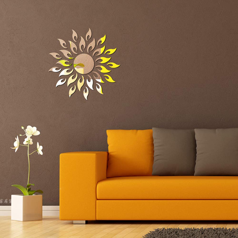 Sunflower Mirror Wall Stickers Decor, Round Acrylic DIY Self-Adhesive Wall Art Decals Miroir Mural Home Decorations for Living Room, Bedroom, TV Background Home Décor（Silver）