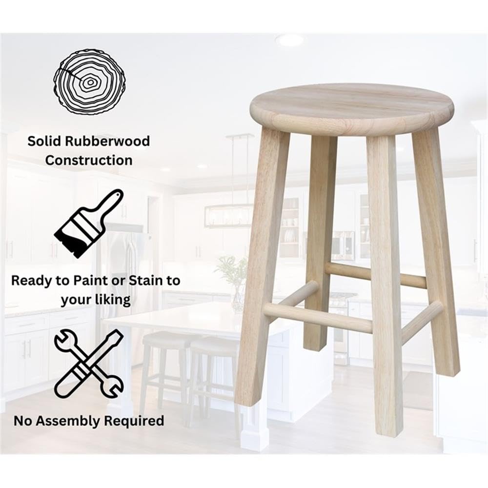 International Concepts Round Top Stool, 18-Inch Seat Height, Solid Parawood, Unfinished