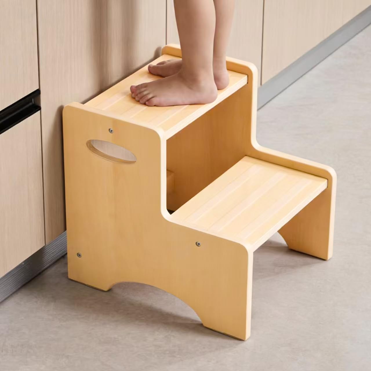 Wooden Toddler Step Stool for Kids, Two Step Stool with Non-Slip Pads & Handles, Potty Training Stool for Bathroom Sink, Toilet, Kitchen, Bedroom (Natural)