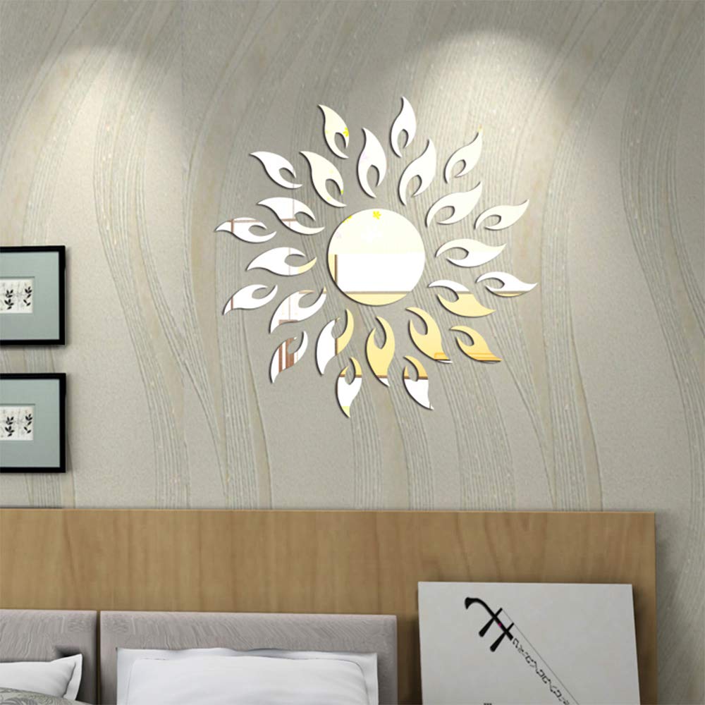 Sunflower Mirror Wall Stickers Decor, Round Acrylic DIY Self-Adhesive Wall Art Decals Miroir Mural Home Decorations for Living Room, Bedroom, TV Background Home Décor（Silver）