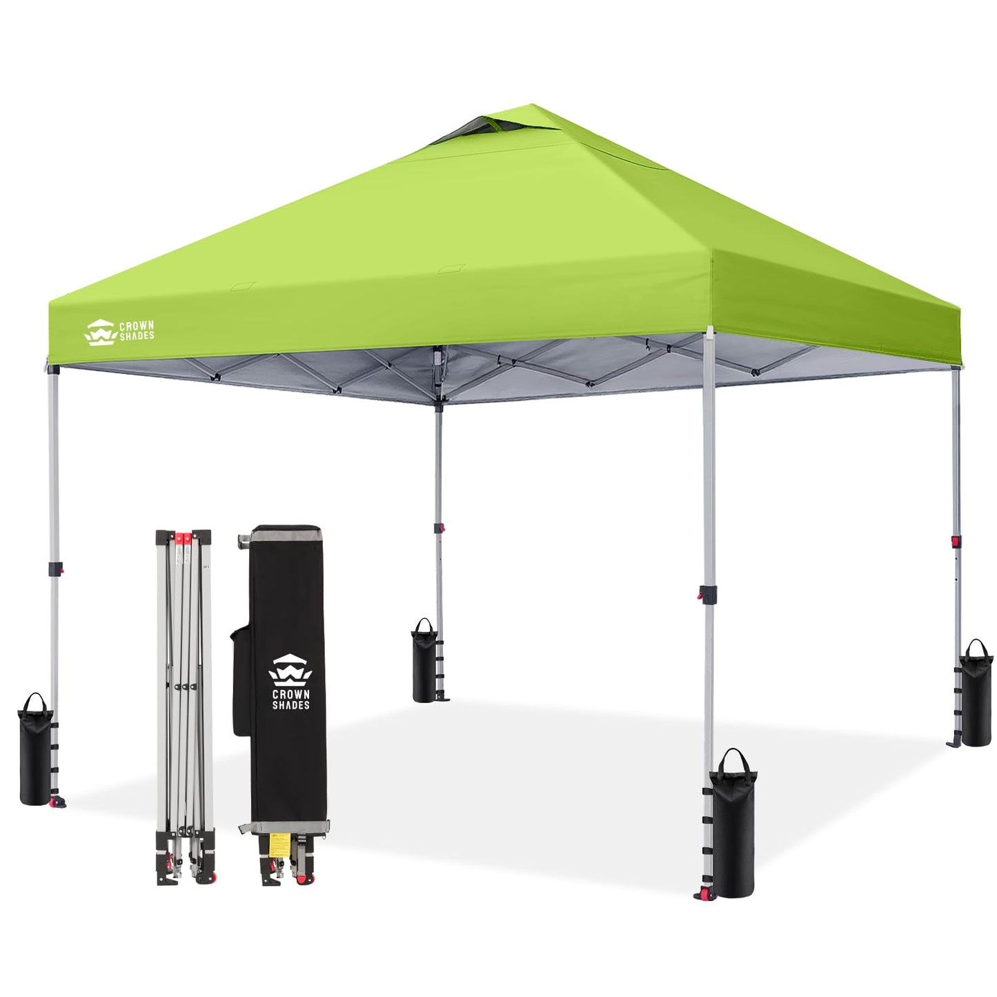 CROWN SHADES 10x10 Pop Up Canopy - Beach Tent with One Push Setup - Easy Outdoor Sun Shade for Events, Parties, Camping - Gazebo with STO-N-Go Cover Bag, Silver Coated Top, Green