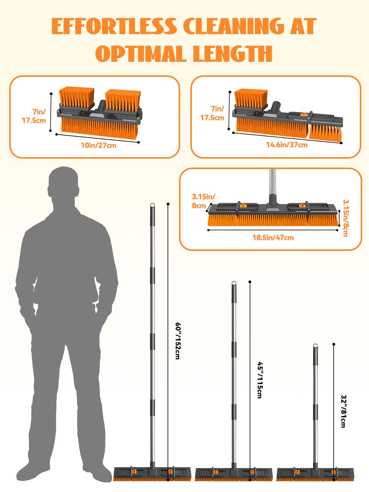 18.5"/47cm Adjustable Head Push Broom for Outdoor 57"/145cm Thickened Stainless Steel Handle Ergonomic Shop Broom Stiff Bristle Heavy Duty Industrial Concrete Garage Patio Garden Yard Deck Driveway