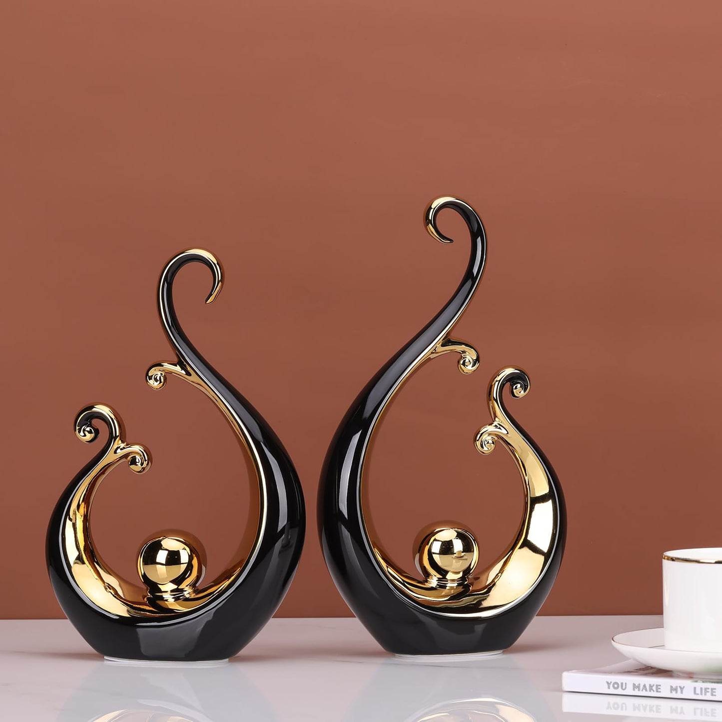 Glossy Black and Gold Decor Ceramic Statue, Modern Abstract Art Luxury Centerpiece - Black Gold Shelves Bookshelf&dining Table Decorations, Versatile Coffee Table Tv Stand Home Decor and Gift Choice