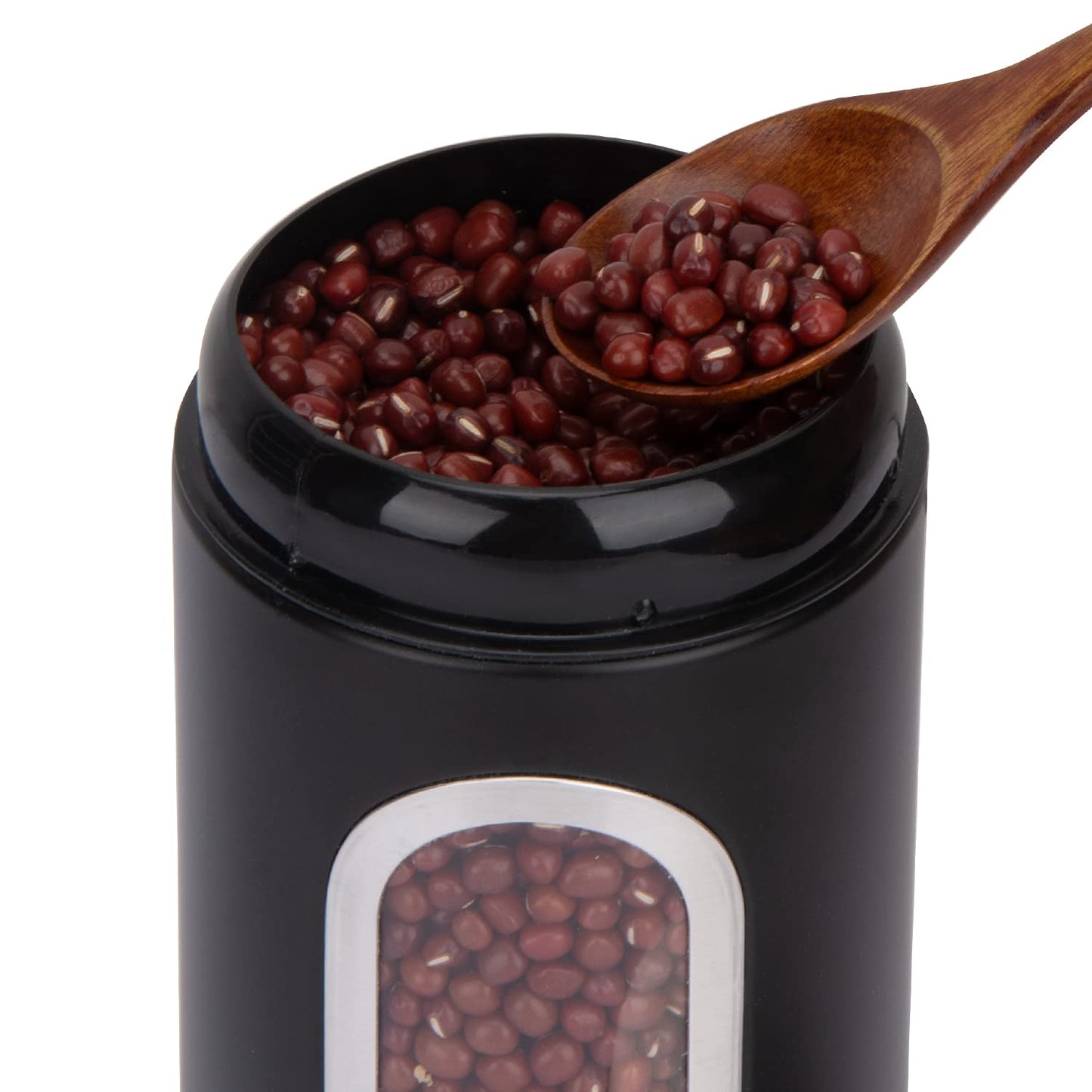 AEUNKIUO Black Kitchen Counter Canister set 3 pieces, 0.9/1.6/2.9 Quarts Stainless Steel Flour Sugar Tea Coffee Biscult Storage Containers with with Long Wood Spoon&Visible