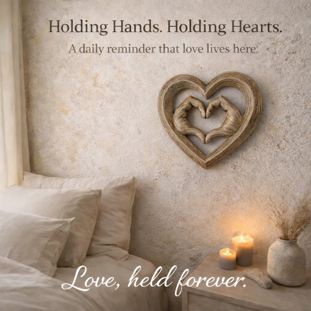 Top Brass Heart Hands Wall Decor – Romantic Resin Heart Sculpture, 8 1/8" x 8 1/8” – Symbolic Love Wall Art with Sawtooth Hanger – Wood Grain, Matte Black, Rustic Bronze, Antique Silver Finish (Wood Grain)