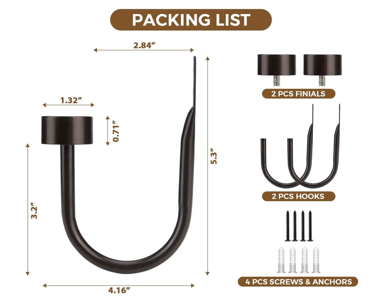 KAMANINA Curtain Holdbacks for Wall, Bronze Curtain Tiebacks Wall Mounted, Curtain Hooks Holders for Drapes, Modern Cap Finials (2 Pack)