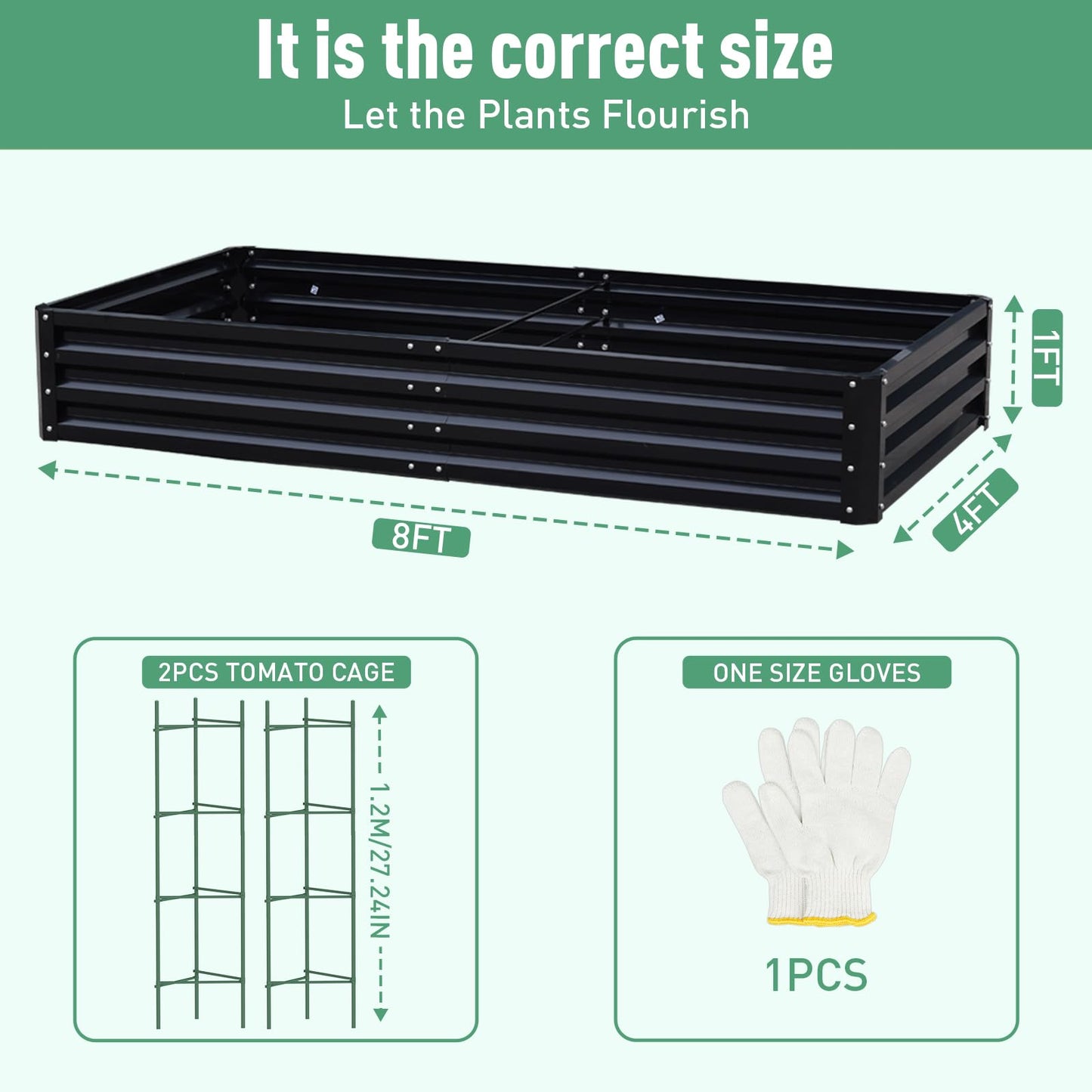 PICNICNI Metal Raised Garden Bed 8x4x1Ft Outdoor Large Metal Galvanized Planter Boxes Kit for Vegetables, Flowers, and Herbs,Garden Beds with 2Pcs Tomato Cage 1Pc Gloves,Black