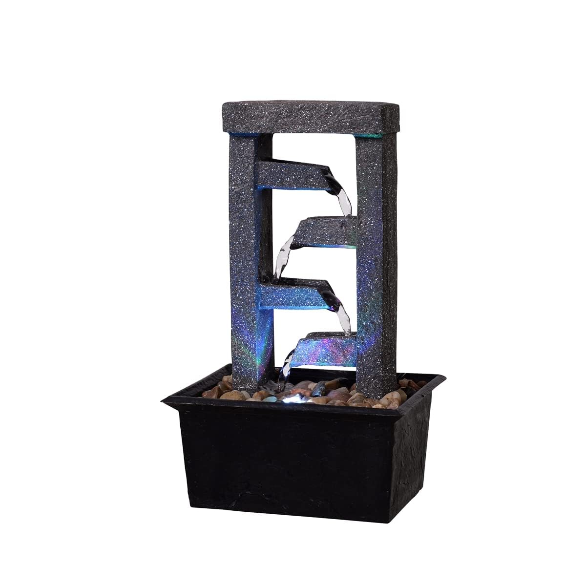 GOSSI 10" 4-Tier Tabletop Waterfall Fountain with Natural River Rocks, LED Lights, Resin Indoor Water Feature for Home Office Decor, Meditation Relaxation Gift