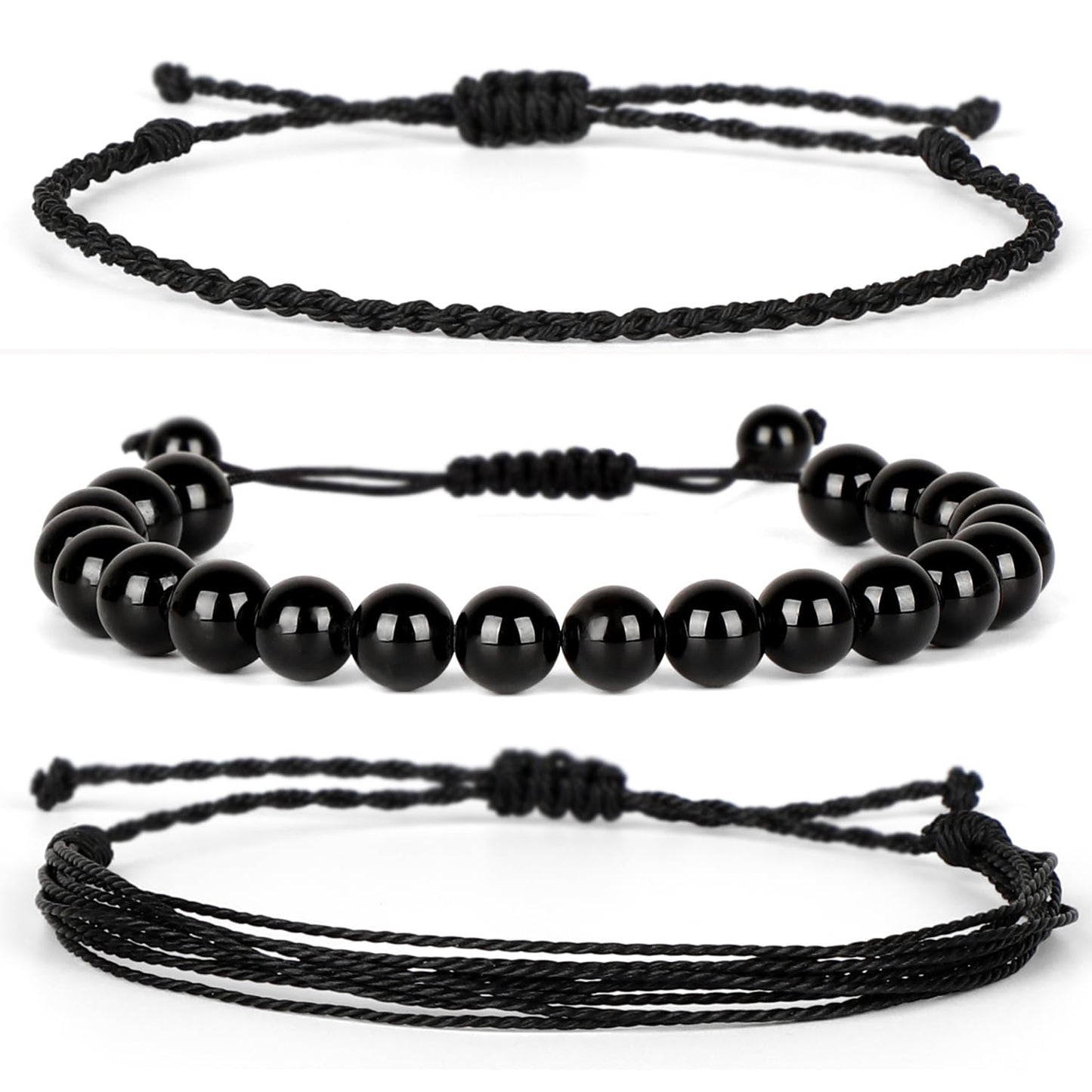 QOGIR Handmade Healing Stones Bracelet,8mm Natural Black Tourmaline Gemstone Beads Bracelet,for Men Women Gifts with 2PCS Size Adjustable Rope Bracelets