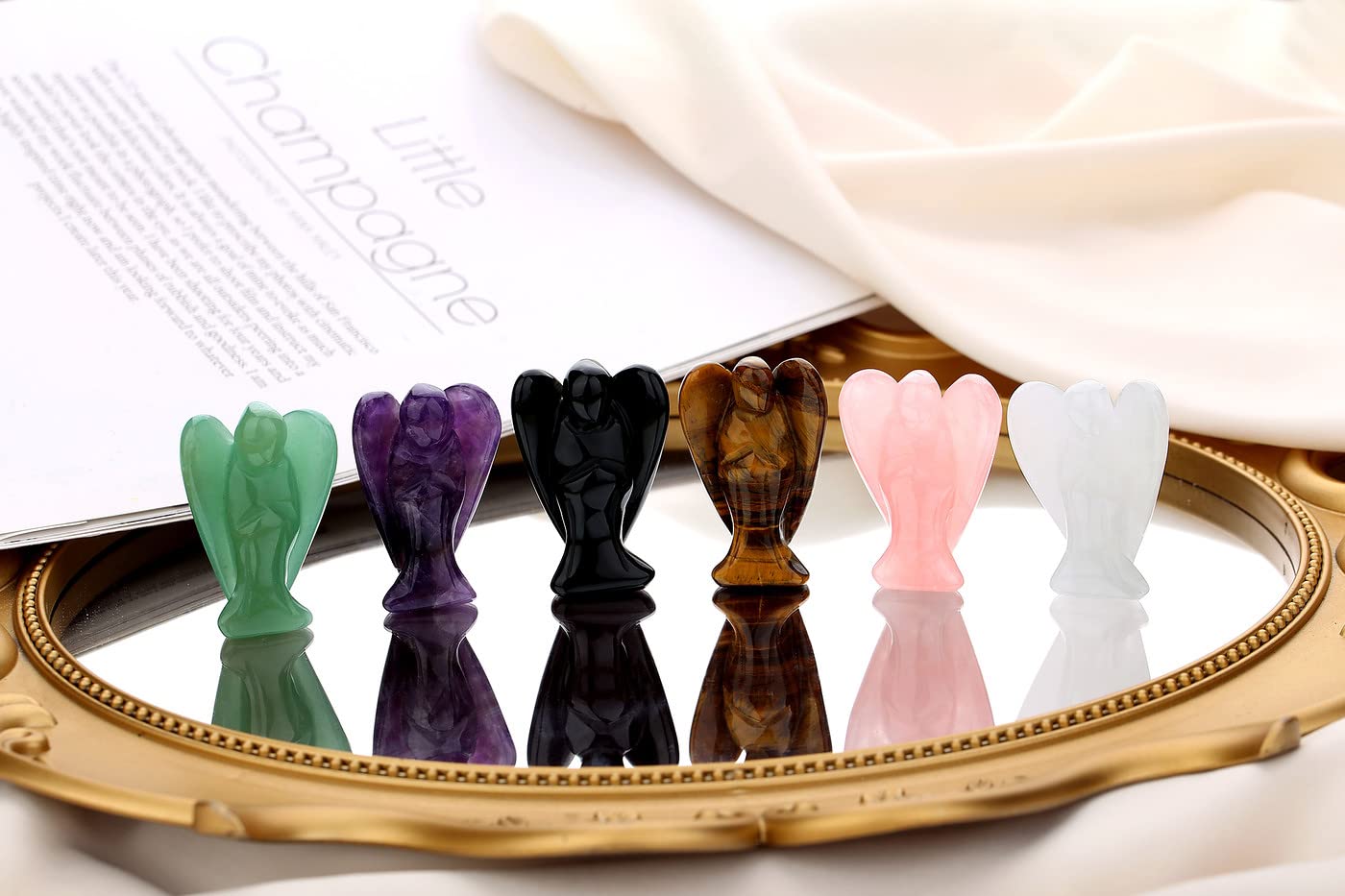 QINJIEJIE 3PCS Crystals Guardian Angel Stones Decor Amethyst Rose Quartz Opal Polished Gemstone Statue Cute Carved Gems Room Office Desk Angel Home Reiki Pocket Peace Angel Gifts for Women